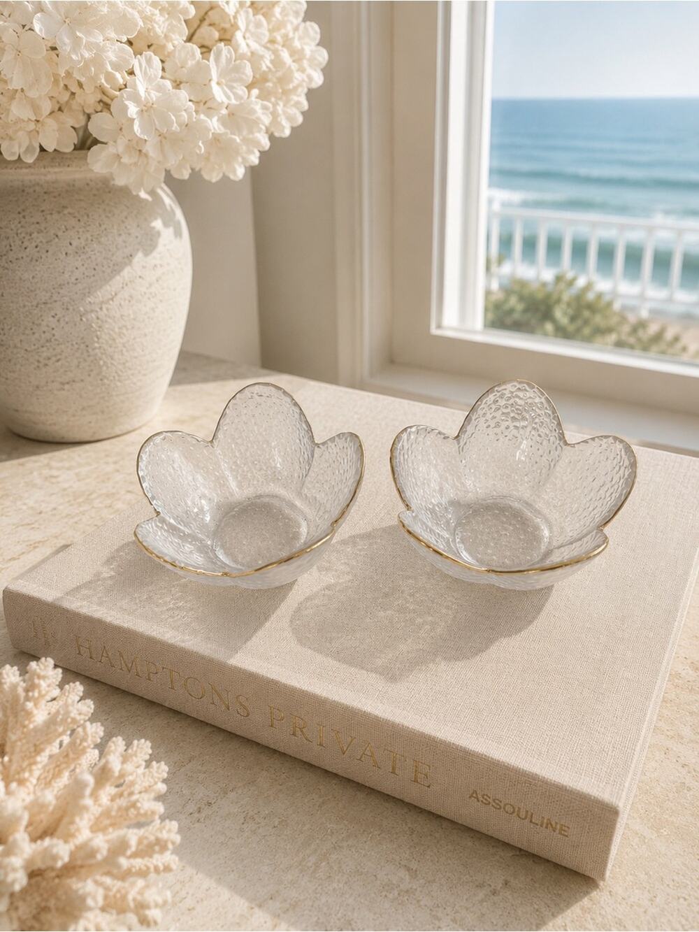 2/20 Elegant Clear Glass Flower Bowls Gold Rim trinket dish jewelry Home gift